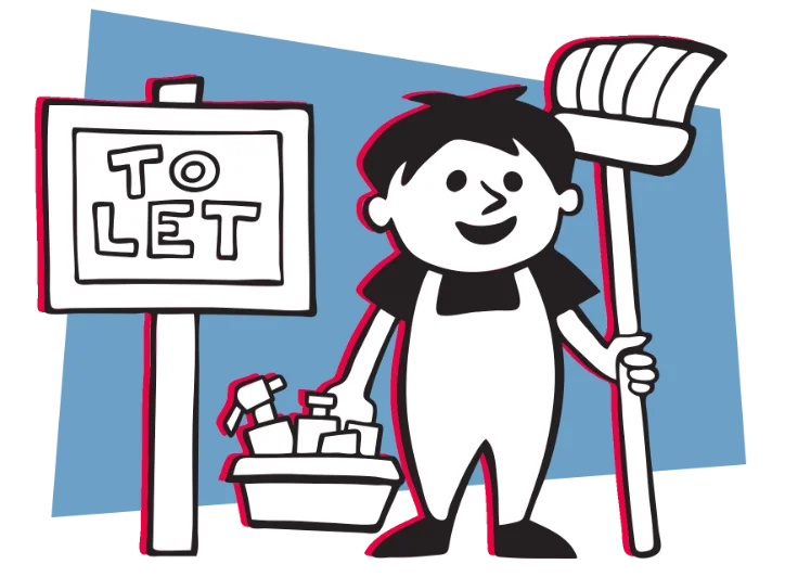 Cleaner cartoon character with broom by a To Let sign